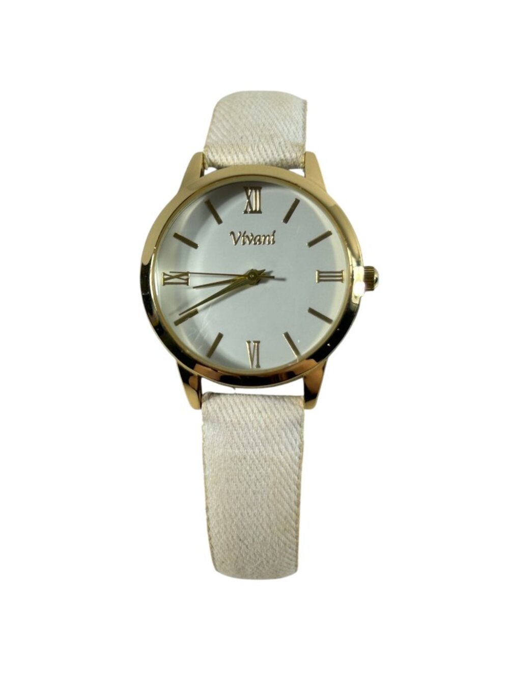 Vivani Faux Leather Cream Fabric Band Womens Wrist Watch White Face Stainless